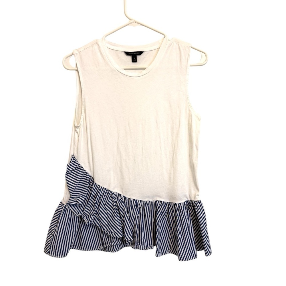 2/$30 Banana Republic White Sleeveless Top with Blue Stripe Ruffle Accent Small